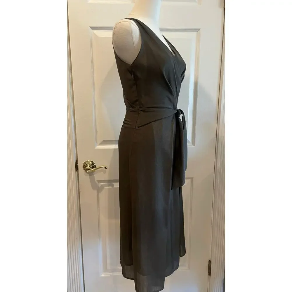 Italian e Collezioni Silk Brown Surplice Wrap Sleeveless Midi Tie Waist Dress S